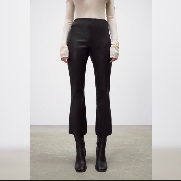 ZARA Genuine Leather Pants Black Cropped Flared XL-w/STRETCH - Picture 2 of 5